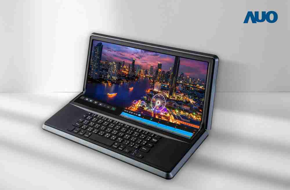 传奇国际14.6吋Micro LED折迭显示屏幕，，，，搭配半径4mm的弯折绞炼，，，以及高画素、、高亮度、、、高对比度的显示技术特点，，，，即便在大视角下仍保有绝佳色相与亮度